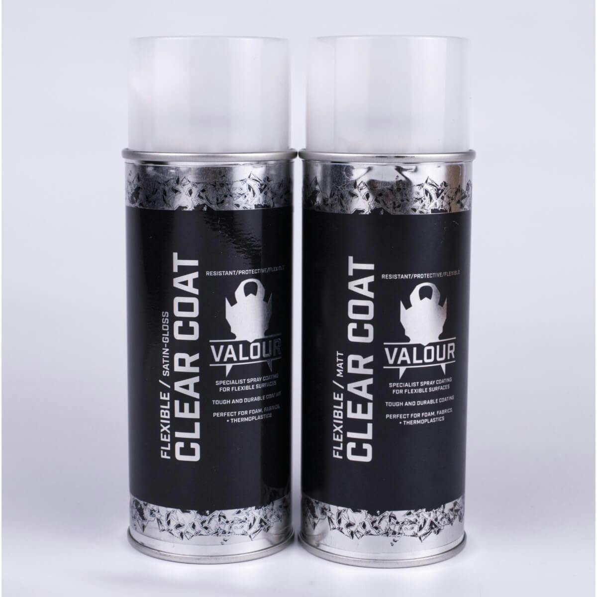 Spray cans of Valour with matt and satin gloss effect on white background