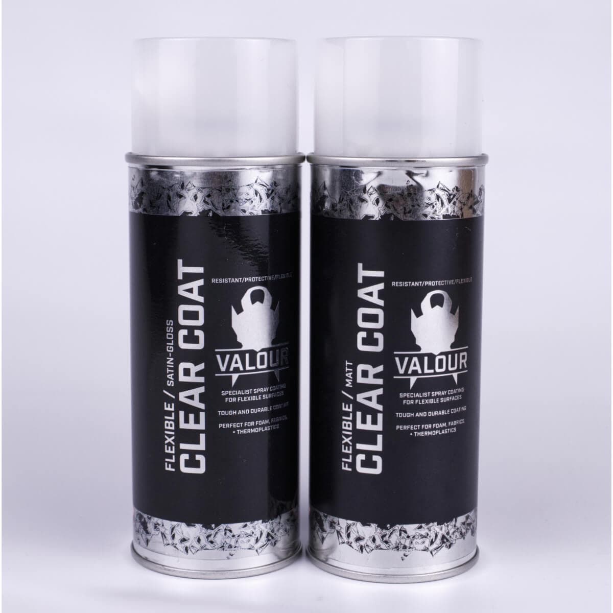 Spray cans of Valour with matt and satin gloss effect on white background