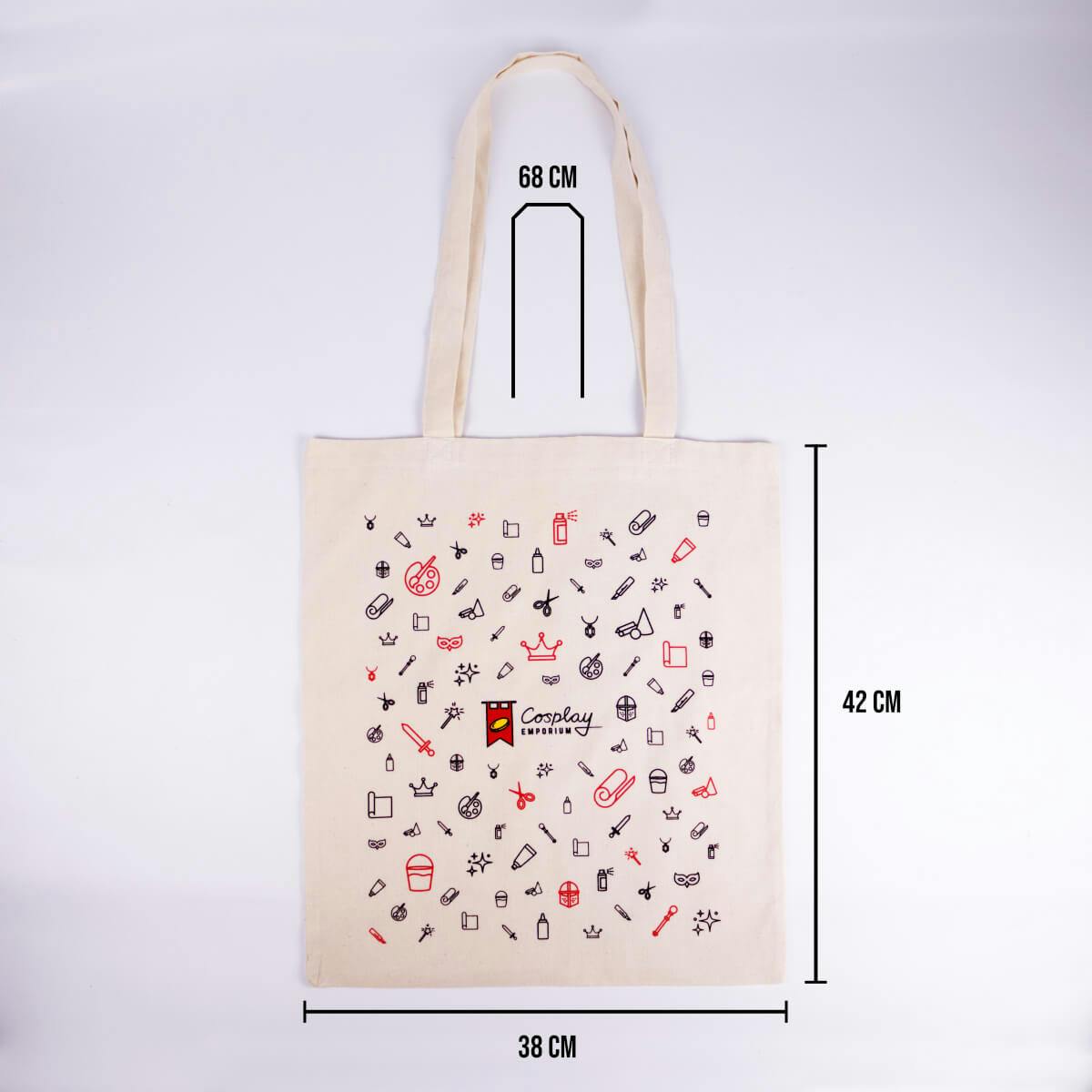 Canvas tote bag with icon motif and Cosplay Emporium logo - size