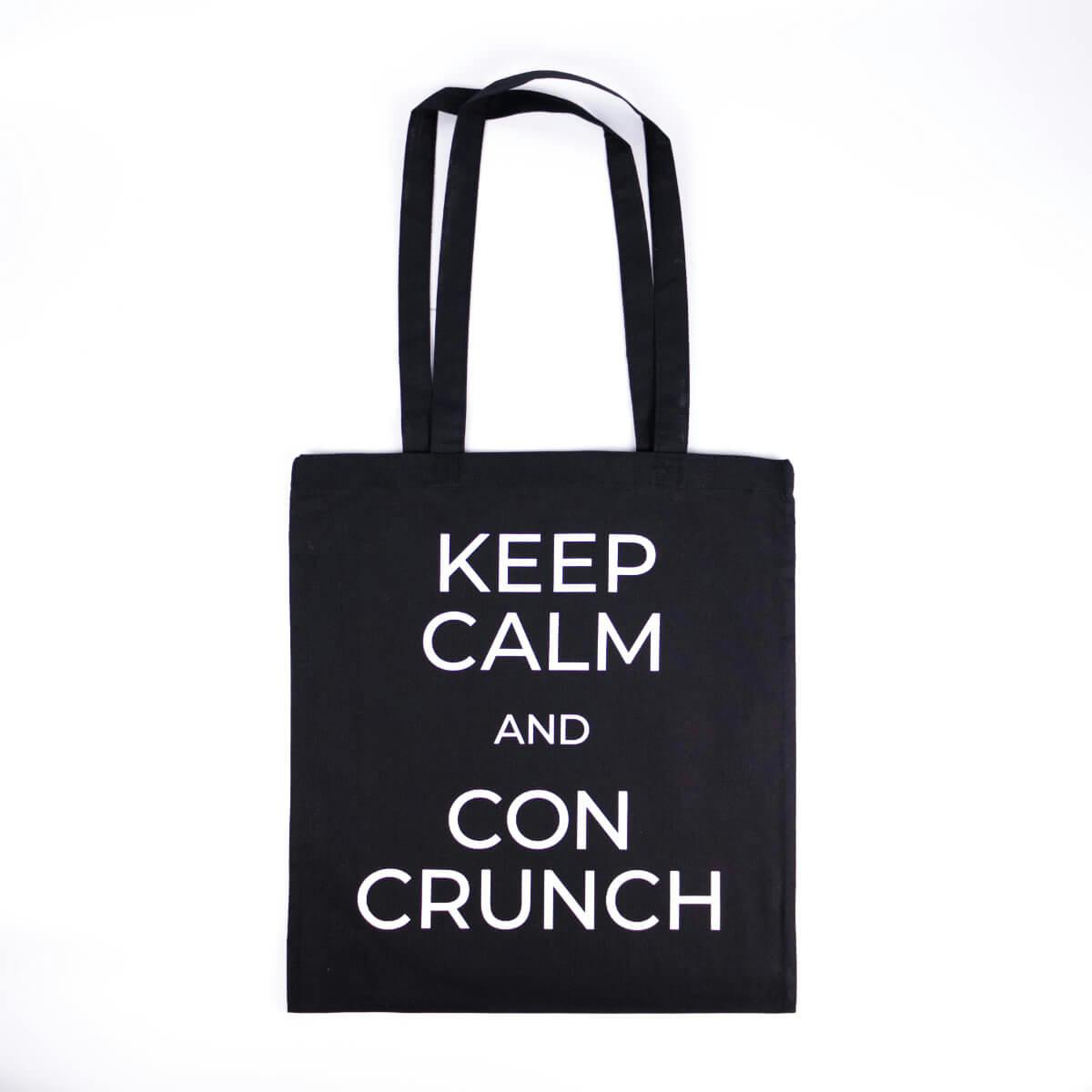 Black and white canvas tote bag with keep calm and con crunch motif