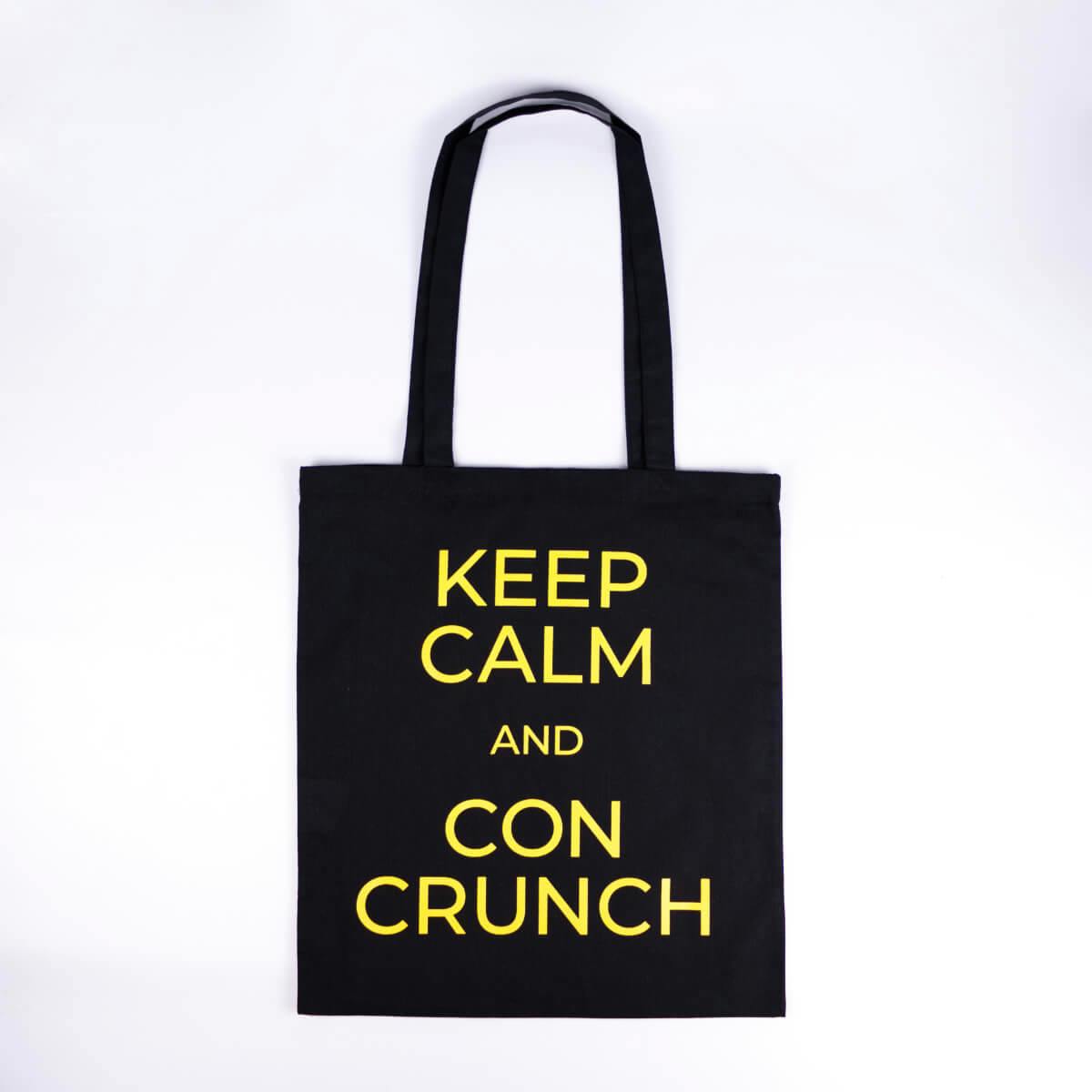 Black and yellow canvas tote bag with keep calm and con crunch motif