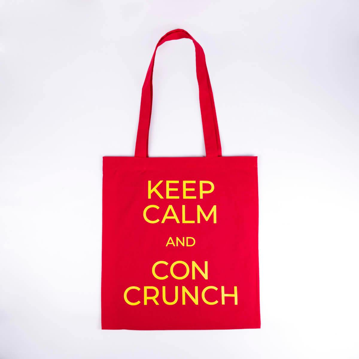 Red and yellow canvas tote bag with keep calm and con crunch motif
