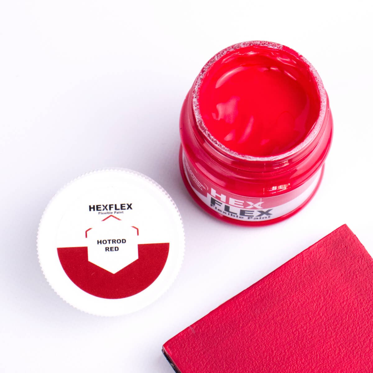 The bottle, cap and hotrod red HexFlex colour sample