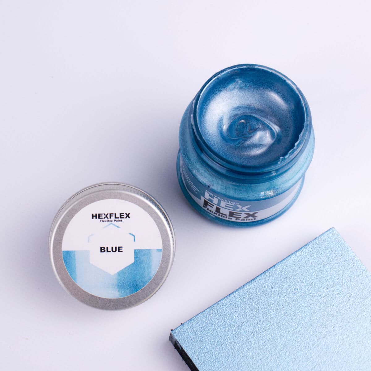 Blue HexFlex Metallics bottle, cap and colour sample