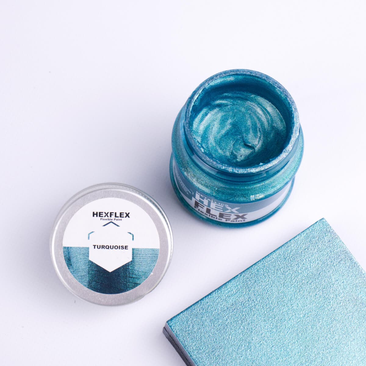 Turquoise HexFlex Metallics bottle, cap and colour sample