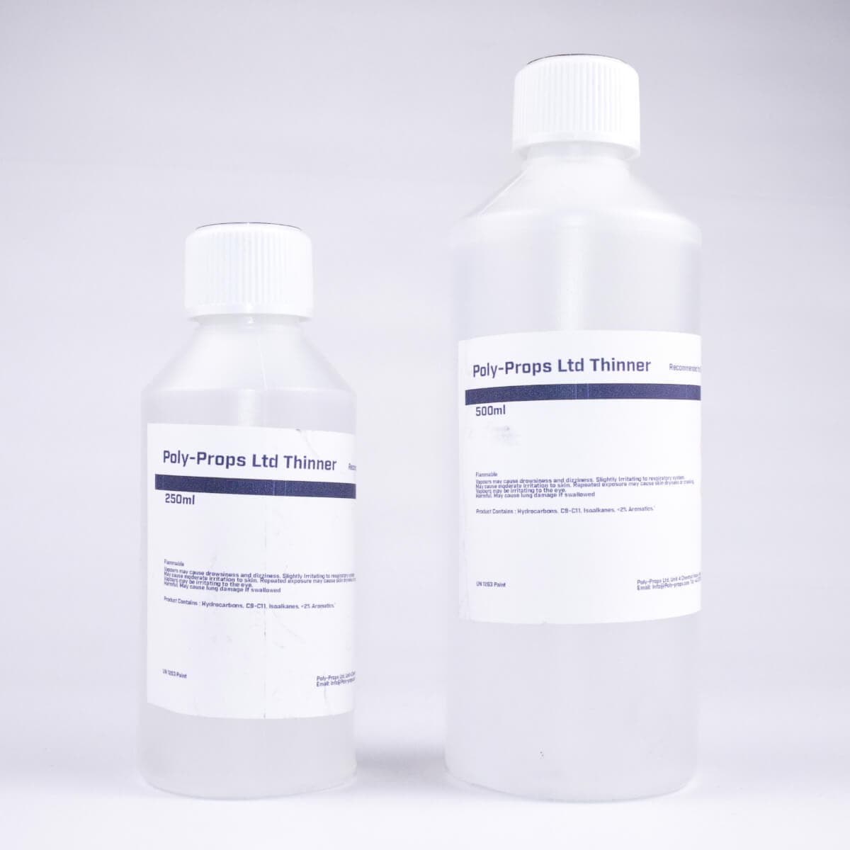 Small and large packs of thinner in transparent bottles