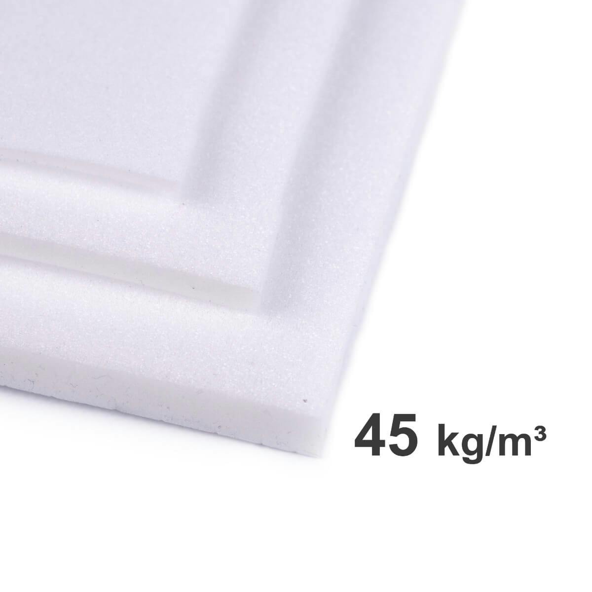 Detailní záběr na roh průsvitných bílých EVA pěn s popiskem hustoty 45 kg/m3