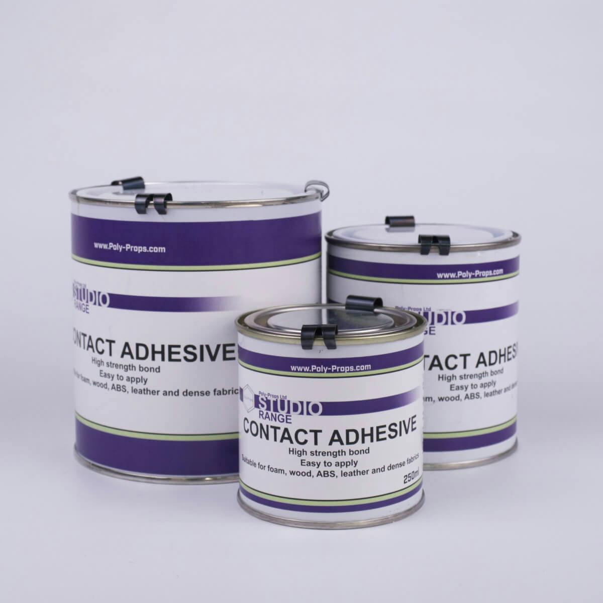 Different sizes of containers with contact adhesive on white background