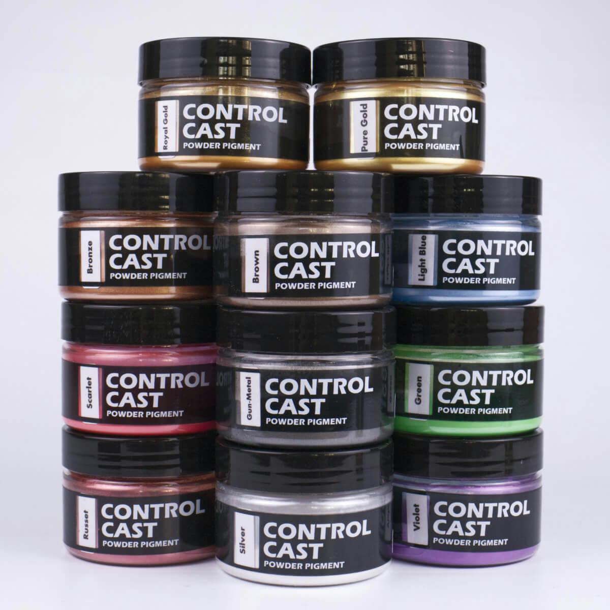 Ukázka všech jedenácti barev práškového pigmentu Control Cast s obsahem 20 gramů