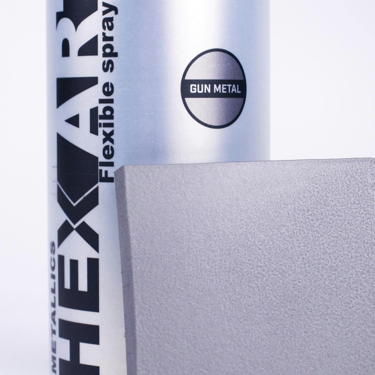 Container and sample of gun metal HexArt spray paint