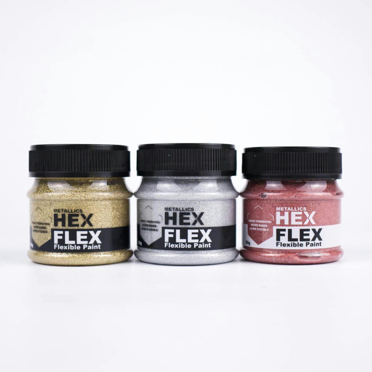 Ukázka všech tří třpytivých metalických barev HexFlex Metallics
